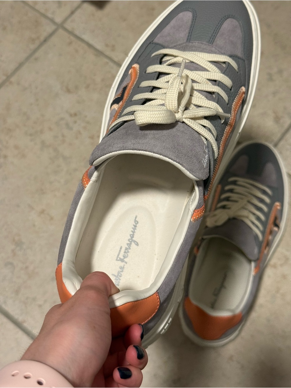 Salvatore Ferragamo Gray and Orange Suede Low-Top Sneakers - Picture 4 of 5